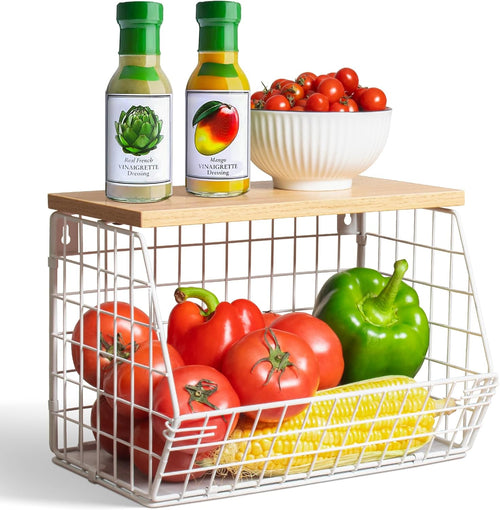 Wawocs 2 Obstkorb Stöckig Etagere Hängend, Obstschale Groß Obstkorb Wand für Küche, Hängende Obstkörbe mit Holzdeckel mit 4 Bananen Aufhänger Haken, Wandkorb Metall für Obst Aufbewahren und Gemüse