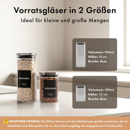 EDELHAUS Vorratsgläser mit Deckel mit Edelstahl Abdeckung (4x 900ml, 8x 500ml) Vorratsdosen mit Deckel & 114 Vorratsetiketten - Lufdichtes Vorratsglas - Stapelbare Glasbehälter für Küche [3mm Glas]