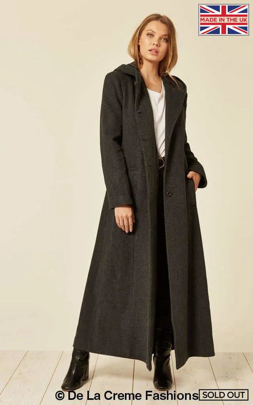 Oversize long coat with hood made of wool imitation blend (1716)