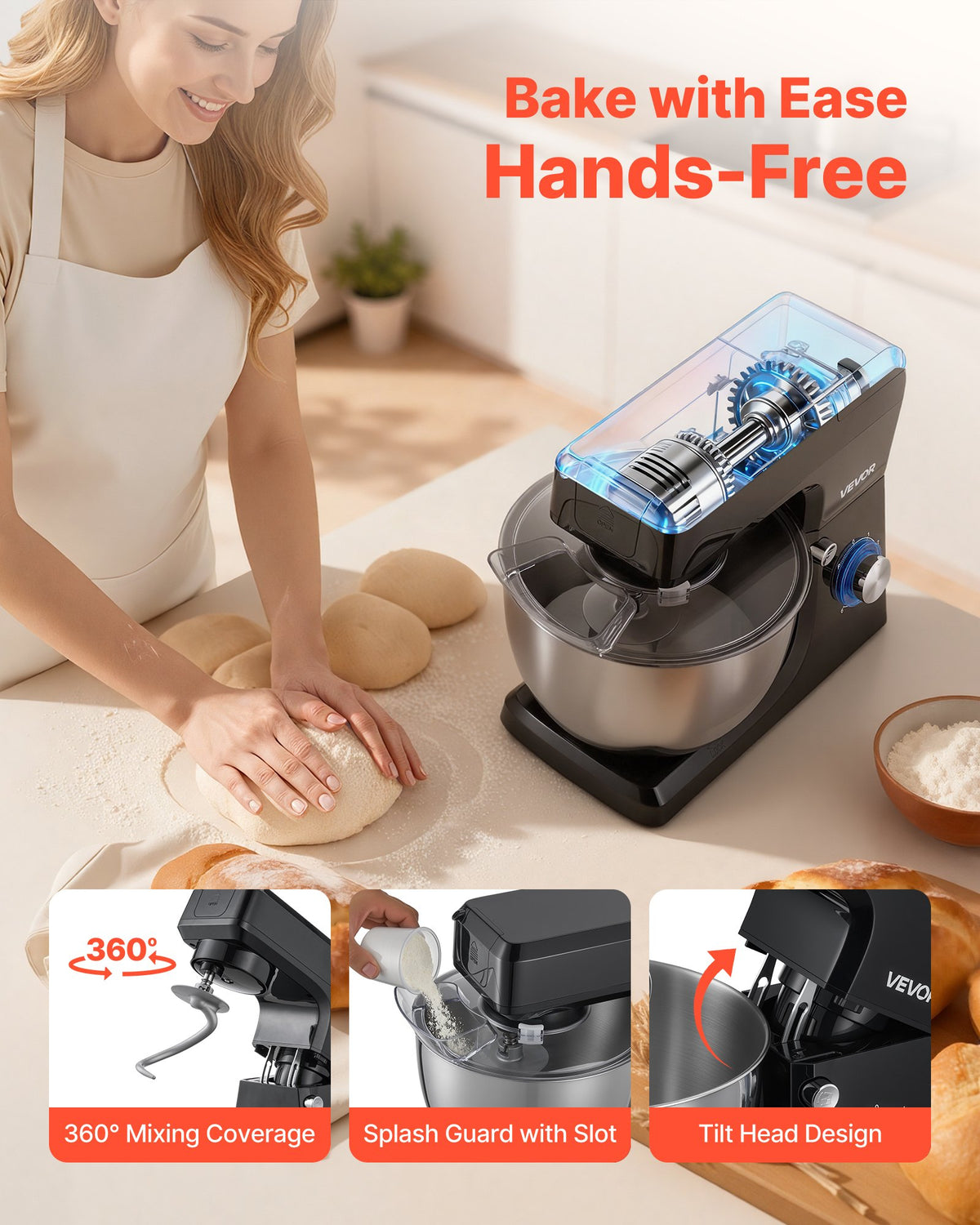 Standmixer, 7,8 L elektrische Küchenmaschine, 1500W Teigkneter, 6+P - NovaDom
