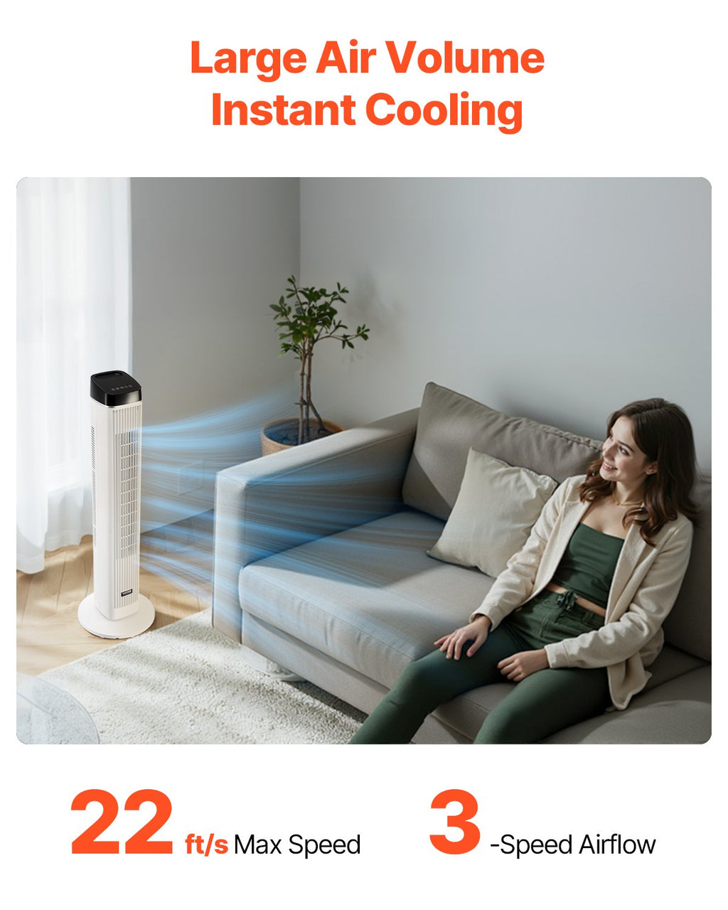 Turmventilator, leiser Standventilator mit 22 ft/s Luftgeschwindigkeit und 70° Oszillation